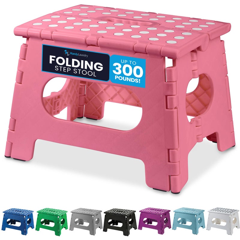 Handy Laundry Folding Lightweight Step Stool - Sturdy Enough to Support Adults and Safe Enough for Kids - Opens Easy with One Flip - Great for Kitchen, Bathroom or Bedroom (Pink - 9 Inch) - Image 1