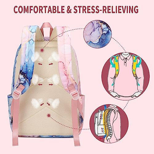 AUIVTY School backpack for Girls Teens Marble Backpack with Lunch Box Pencil Case Kids Backpack Elementary Middle School-Pink - Image 3
