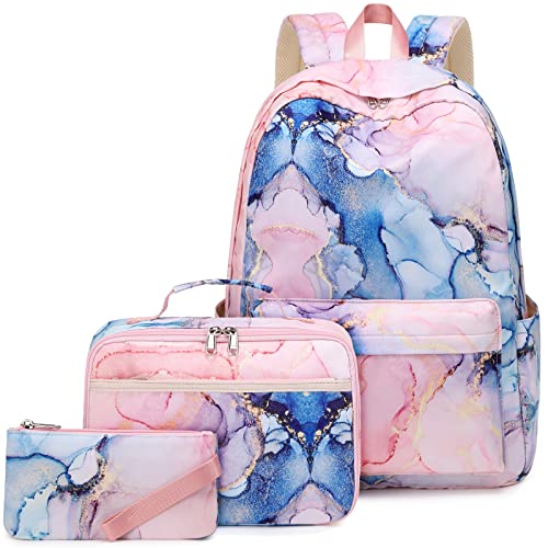 AUIVTY School backpack for Girls Teens Marble Backpack with Lunch Box Pencil Case Kids Backpack Elementary Middle School-Pink - Image 1