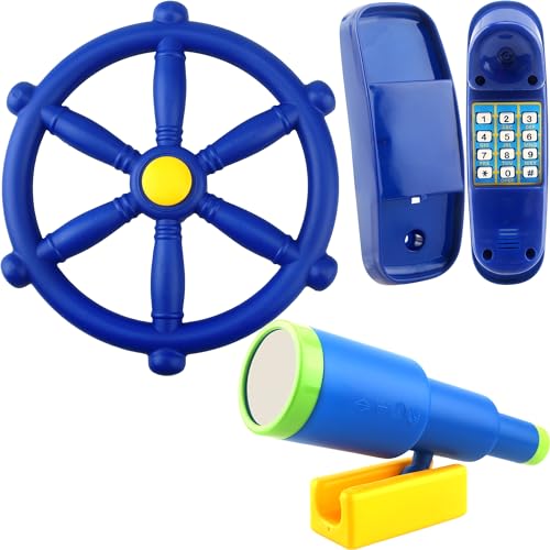 Restroma 3 Pack Kids Playground Accessories Pirate Ship Steering Wheel Plastic Steering Wheel Swingset Telephone Plastic Telescope for Kids Outdoor Playhouse Treehouse Playset Blue - Image 1