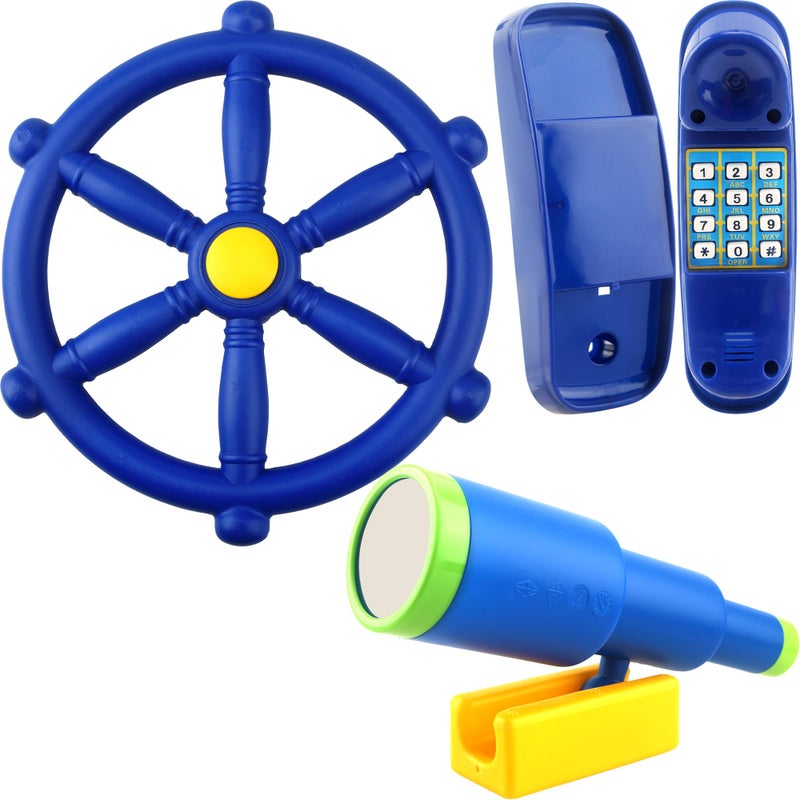 Restroma 3 Pack Kids Playground Accessories Pirate Ship Steering Wheel Plastic Steering Wheel Swingset Telephone Plastic Telescope for Kids Outdoor Playhouse Treehouse Playset Blue - Image 3