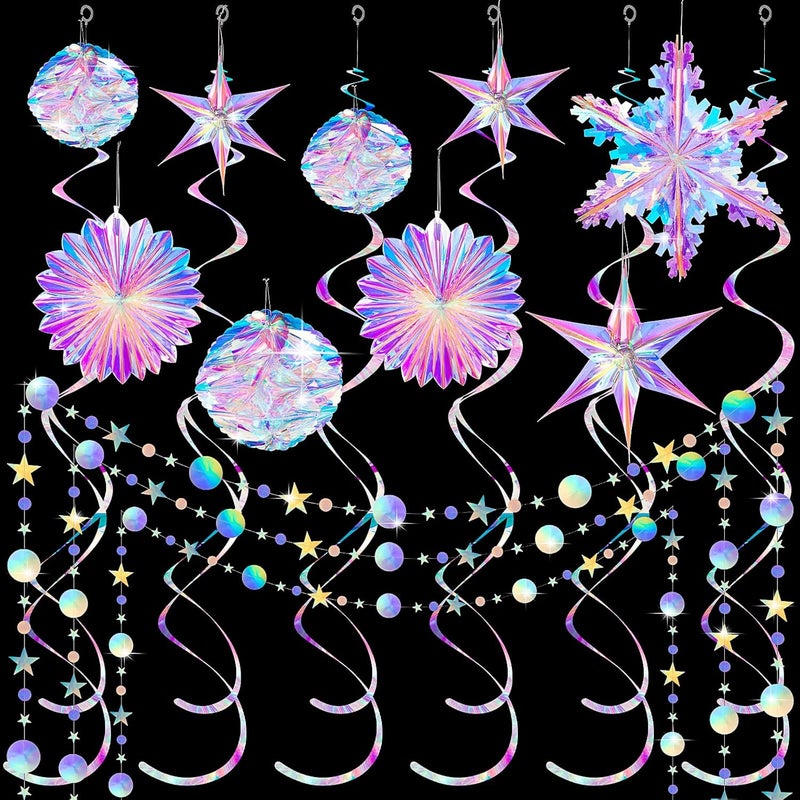 Jerify 37 Pcs Iridescent Party Decorations Disco Holographic Garland Star and Snowflake Hanging Honeycomb Ball Decorative Plastic Fan Snowflake Garlands Star Hanging Swirl - Image 1