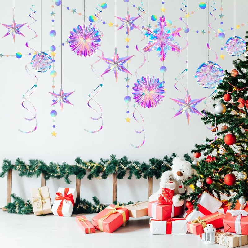Jerify 37 Pcs Iridescent Party Decorations Disco Holographic Garland Star and Snowflake Hanging Honeycomb Ball Decorative Plastic Fan Snowflake Garlands Star Hanging Swirl - Image 5