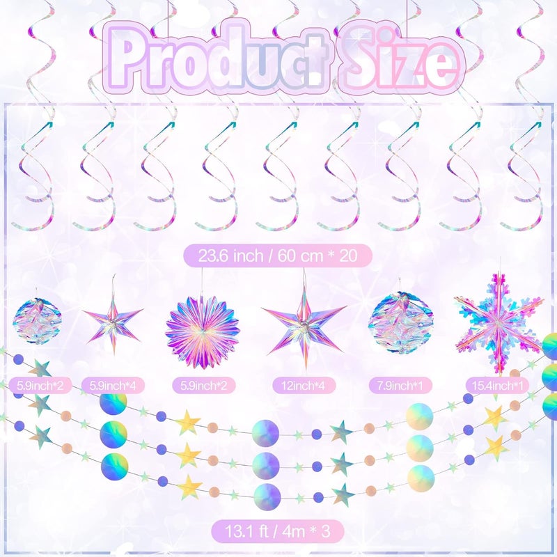 Jerify 37 Pcs Iridescent Party Decorations Disco Holographic Garland Star and Snowflake Hanging Honeycomb Ball Decorative Plastic Fan Snowflake Garlands Star Hanging Swirl - Image 2