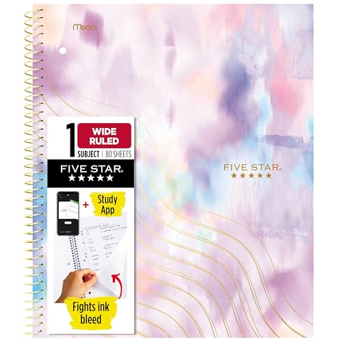 Five Star Spiral Notebook + Study App, 1 Subject, Wide Ruled, 8" x 10-1/2", 80 Sheets, Fights Ink Bleed, Water Resistant Cover, Pastel Tie Dye (930210F-ECM) - Image 1