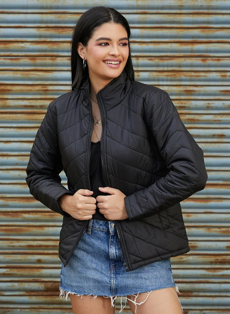 Campus Sutra Women's Onyx Black Chevron Quilted Jacket For Casual Wear | Mock Neck  | Long Sleeve | Zip Closure | Jacket Crafted With Comfort Fit For Everyday Wear