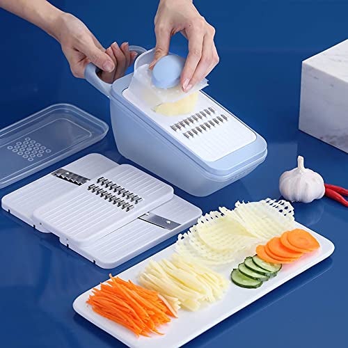Mockery Slicer for 5 in 1 Kitchen Mandolin Slicing Tool Vegetable Slicer Cutter Chopper Grater Slicers for Fruits Vegetables Julienne Carrot Cucumber Sweet Potato Chip Slicer Thin Veggie Spiralizer (Blue) - Image 5