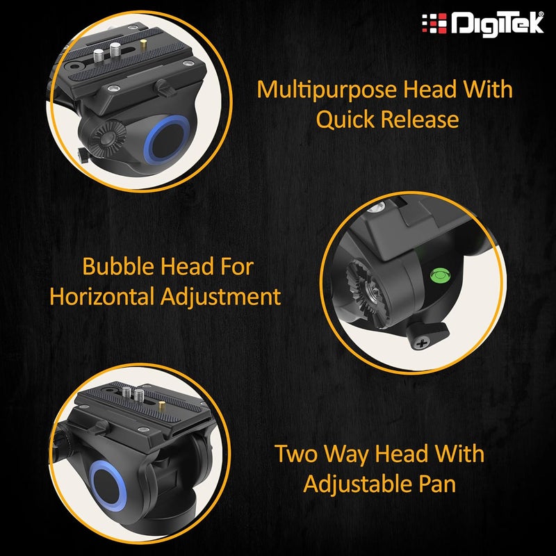 Digitek رأس فيديو احترافي بلاتينيوم (DPVH 110) | رأس سائل مع رأس بان قابل للتعديل بزاويتين | يدعم عدة حوامل ثلاثية وأحادية (سعة التحميل - 10 كجم) - Image 2