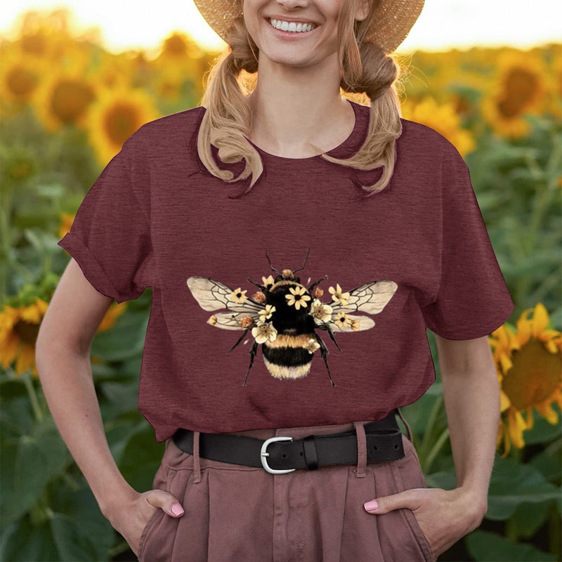 2023 New Summer Casual Loose Retro Bee Print Round Neck Short-Sleeved Women'S T-Shirt - Image 1
