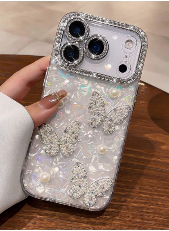 جراب هاتف فاخر من الزركون والخرز على شكل فراشة لهاتف iPhone 17 Pro Max مع واقي عدسة كاميرا لامع ثلاثي الأبعاد - Image 1