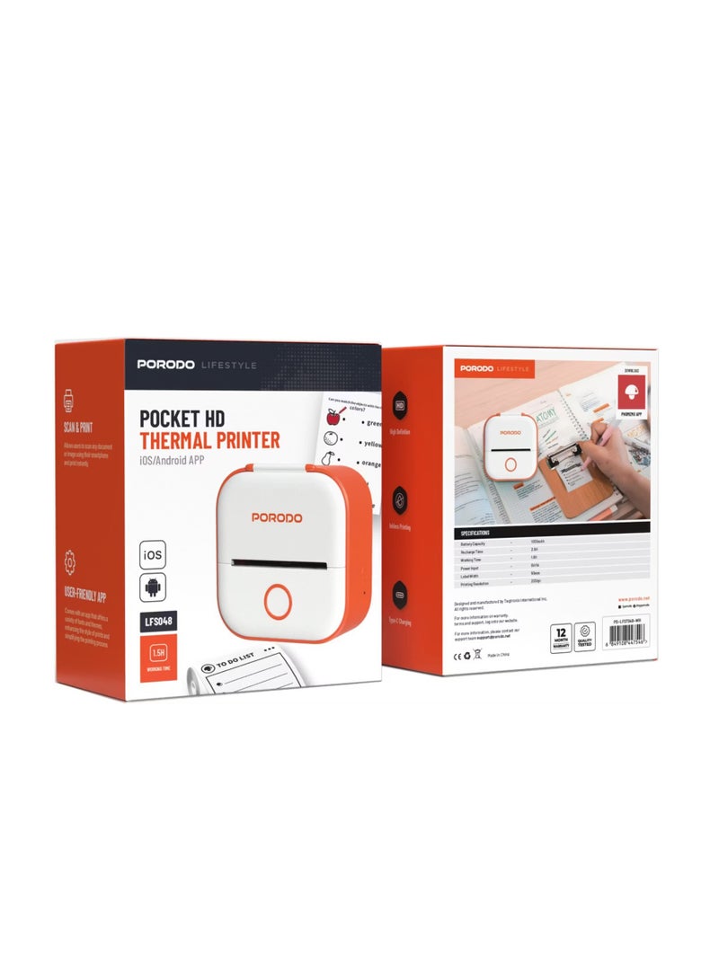 porodo Blue Porodo Lifestyle Pocket HD Thermal Printer with 1000mAh Battery Capacity, Orange & White - Image 5