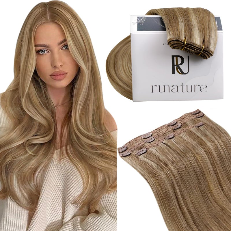 RUNATURE Clip in Hair Remy Human Hair Clip in Extensions 16 Inches Golden Brown with Golden Blonde Highlighted Color 10P16 50g 3pcs Double Weft Clip on Hair Extensions