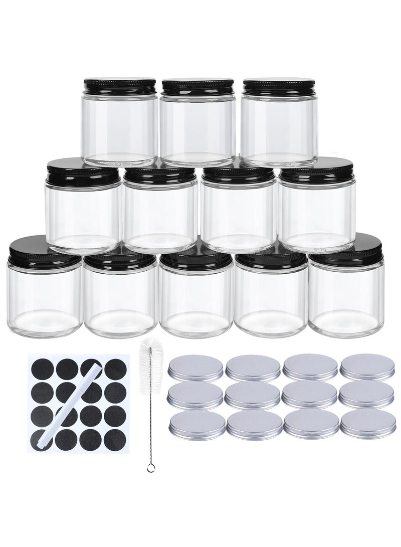 سكاي لينك عبوة من 12 برطمانًا زجاجيًا سعة 4 أونصات بأغطية معدنية سوداء وأغطية فضية، حاويات شموع دائرية شفافة فارغة بأغطية محكمة الإغلاق للطعام والعسل والحلوى - Image 1
