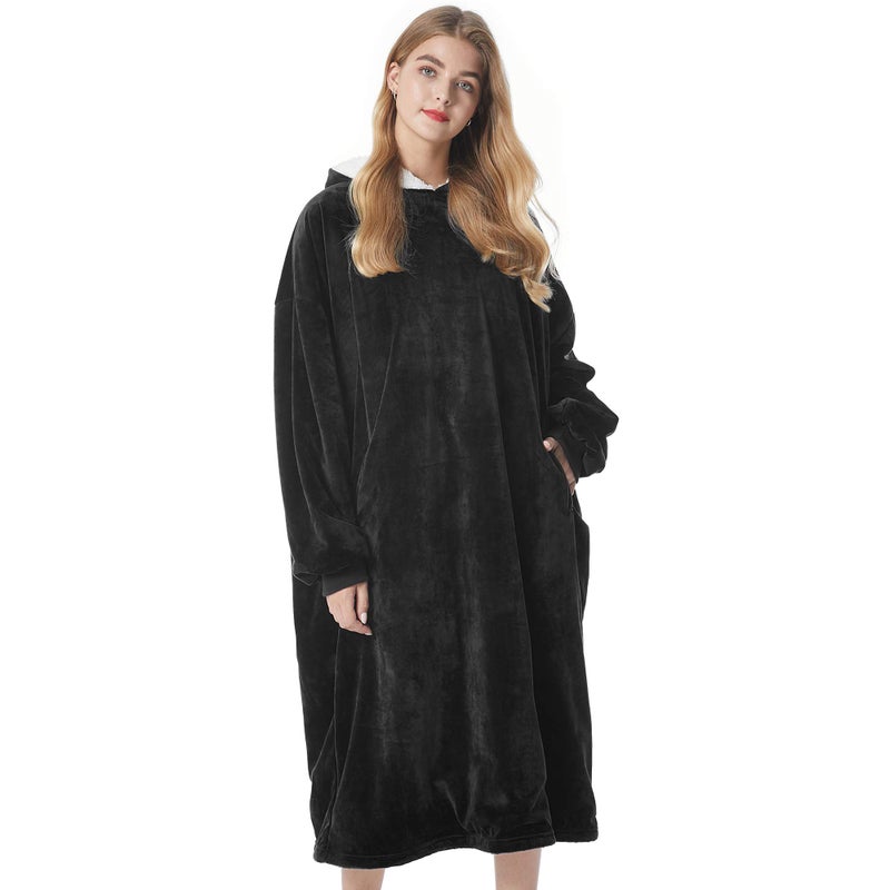 Felicigeely Blanket Hoodie Oversized Wearable Blanket Sweatshirt for Adults Women Men Warm Cozy Thick Black Hooded Blanket with Pockets and Sleeves Gift for Her Mom Girls