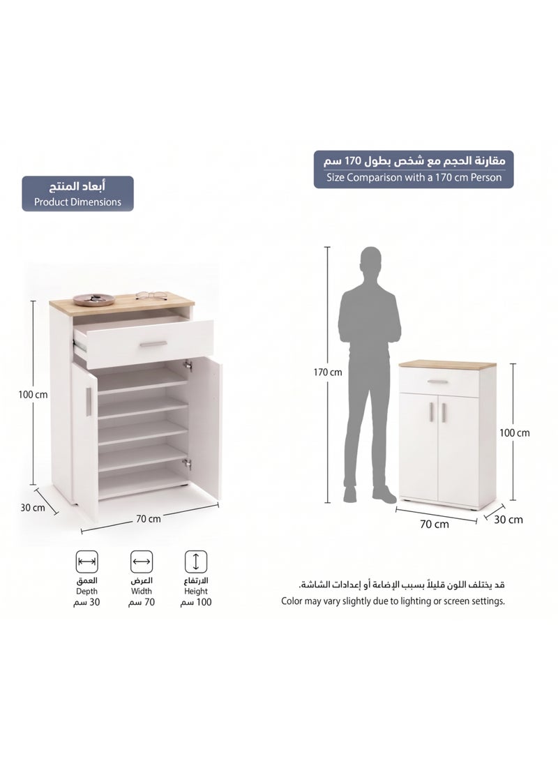 Furniture Store Modern shoe rack/shoe cabinet with a wide drawer and 5 shelves, MDF, in light wood color with white, high-quality finish, from Furniture Store. - Image 2