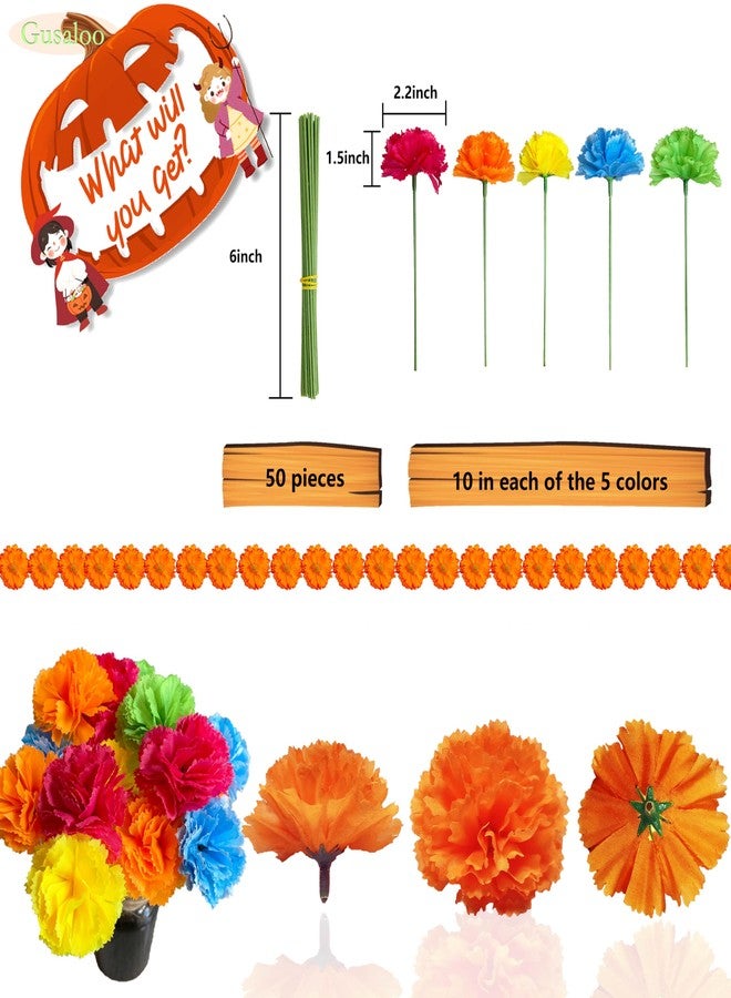 Gusaloo Marigold Flower Heads 50 pcs Halloween Faux Marigold Flower Day of The Dead Decoration for Mexican Party Cinco de Mayo Wedding Party Diwali Home Decor Dia De Los Muertos Decor - Image 2