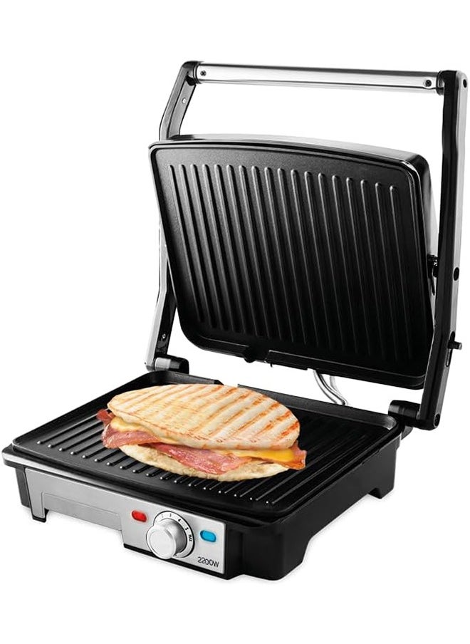 Ufesa Grill, 2200 W, Non-Stick Plates, 180° Plate Openings, Temperature Regulator, Grease Tray, Cold Touch Handles, Silver/Black-PR2000  - Image 4