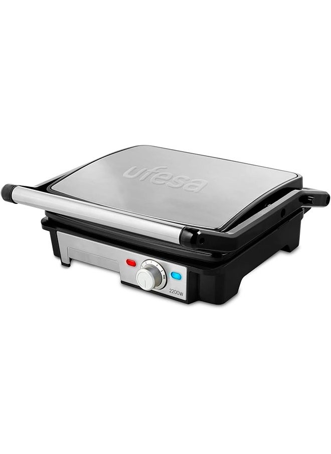 Ufesa Grill, 2200 W, Non-Stick Plates, 180° Plate Openings, Temperature Regulator, Grease Tray, Cold Touch Handles, Silver/Black-PR2000  - Image 2