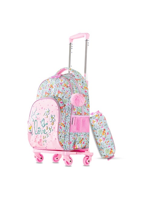 حقيبة مدرسية للأطفال 17 بوصة مجموعة من 3 مع عربة بأربع عجلات، حقيبة أقلام - وردي محب