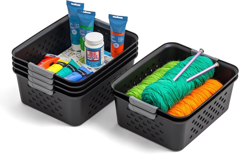 IrisUSA Plastic Storage Baskets, 6-Pack, Made in USA, Shelf Baskets Small Baskets Organizing Bins For Pantry Countertops Closet Shelves Laundry Room Office, Muti-Purpose, Nestable, Easy Carry, Black - Image 1