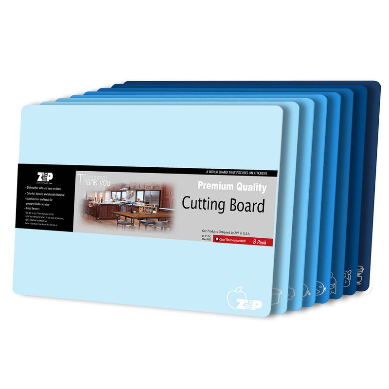 ZVP Plastic Cutting Boards for Kitchen Flexible Cutting Mats Gradient Blue Chopping Boards with Food Icon NonSlip Non Porous BPA Free Dishwasher Safe