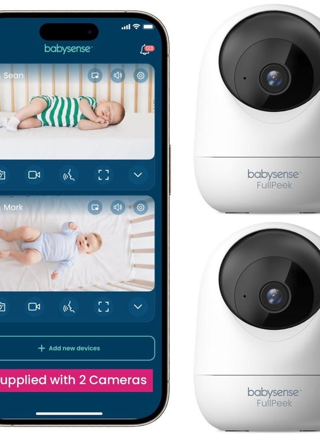 2Peek Video Baby Monitor, WiFi Security Camera with Auto Tracking (2Pcs), 3MP Super HD, Intelligent Motion & Sound Detection, Night Vision, Private Hidden Lens Mode, Supports SD Card