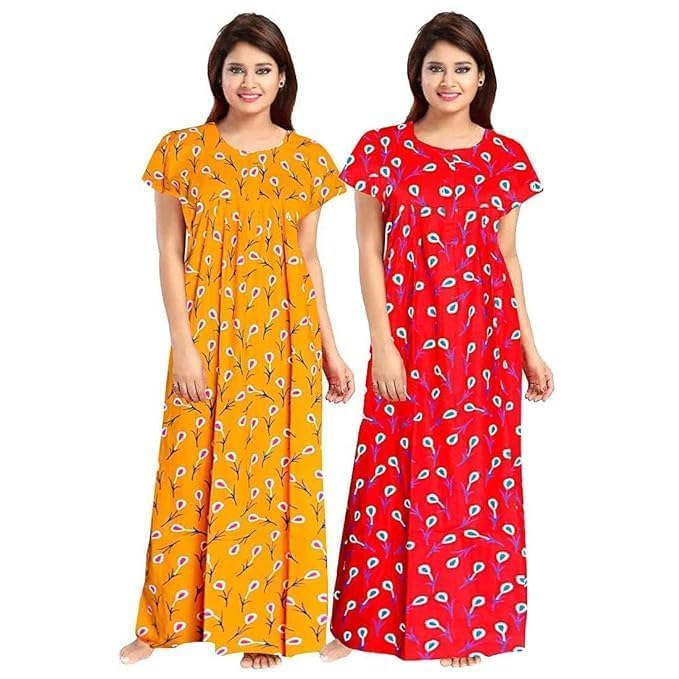 Vlazom Women's Pure Cotton Rajasthani Nighty & Jaipuri Maxi Gown – Pack of 2, Soft & Breathable Sleepwear (Yellow&Red, Free Size) - Image 1