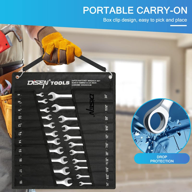 DISEN 22 PCS Ratcheting Wrenches Set, Combination Wrenches Set SAE & Metric Standard, 1/4" to 3/4" and 6-18mm Size, CR-V Steel, 12 Points 72-Teeth - Image 2