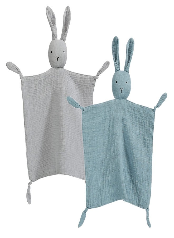 insular Bunny Lovey Blanket for Boys and Girls, Organic Cotton Muslin Security Blanket for Babies, Soft Breathable Lovie Soothing Towel for Newborn and Infant, 2 Pcs Set (Blue&Grey) - Image 1