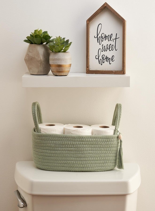 KIBAGA Decorative Toilet Paper Basket - Beautiful Bathroom Organizer for Toilet Tank Storage Decor - Boho Sage Green Cotton Rope Bin with Tassel for Bathroom Accessories and as Shelf Decor - Image 2