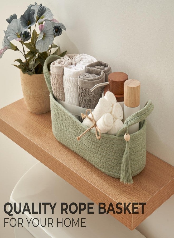 KIBAGA Decorative Toilet Paper Basket - Beautiful Bathroom Organizer for Toilet Tank Storage Decor - Boho Sage Green Cotton Rope Bin with Tassel for Bathroom Accessories and as Shelf Decor - Image 3