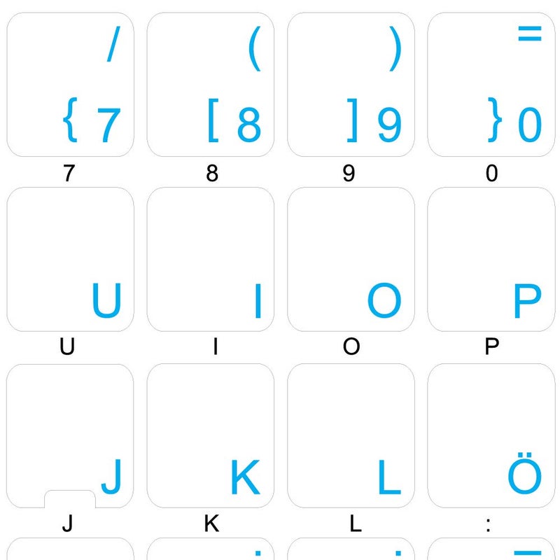 German Keyboard Stickers with Blue Lettering ON Transparent Background