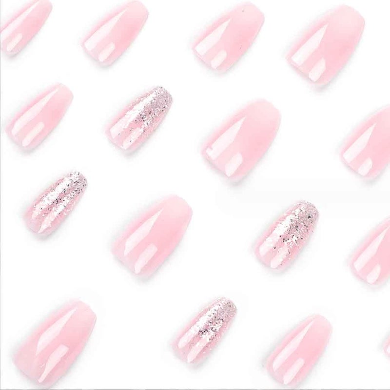 Foccna French Tip Press on Nails Medium Gradient Fake Nails Coffin Bling Glossy Pink False Nail Tips Artificial Finger Manicure for Women and Girls -24pcs - Image 3