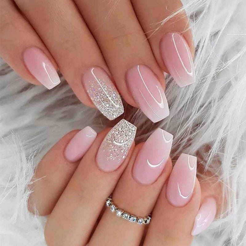 Foccna French Tip Press on Nails Medium Gradient Fake Nails Coffin Bling Glossy Pink False Nail Tips Artificial Finger Manicure for Women and Girls -24pcs - Image 1
