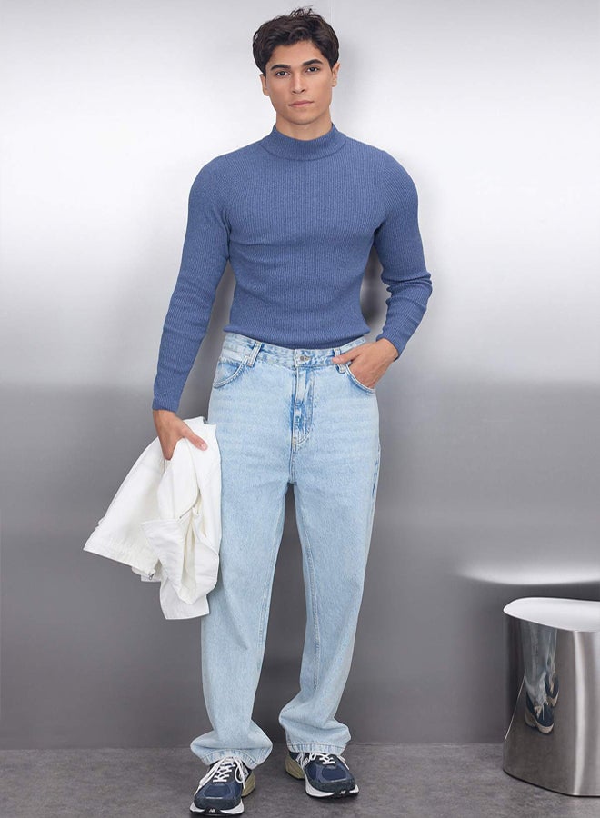 trendyol Indigo Fitted Slim Fit Cotton Half Turtleneck Ribbed Knitwear Sweater - Image 1