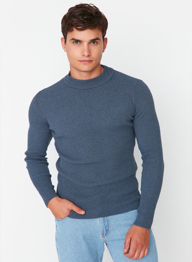 trendyol Indigo Fitted Slim Fit Cotton Half Turtleneck Ribbed Knitwear Sweater - Image 5