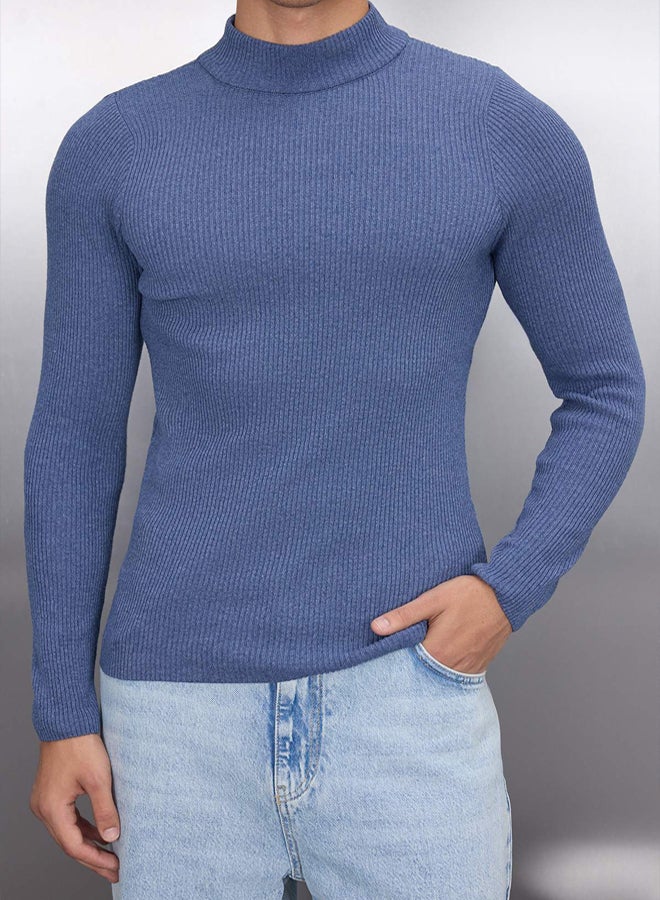 trendyol Indigo Fitted Slim Fit Cotton Half Turtleneck Ribbed Knitwear Sweater - Image 3