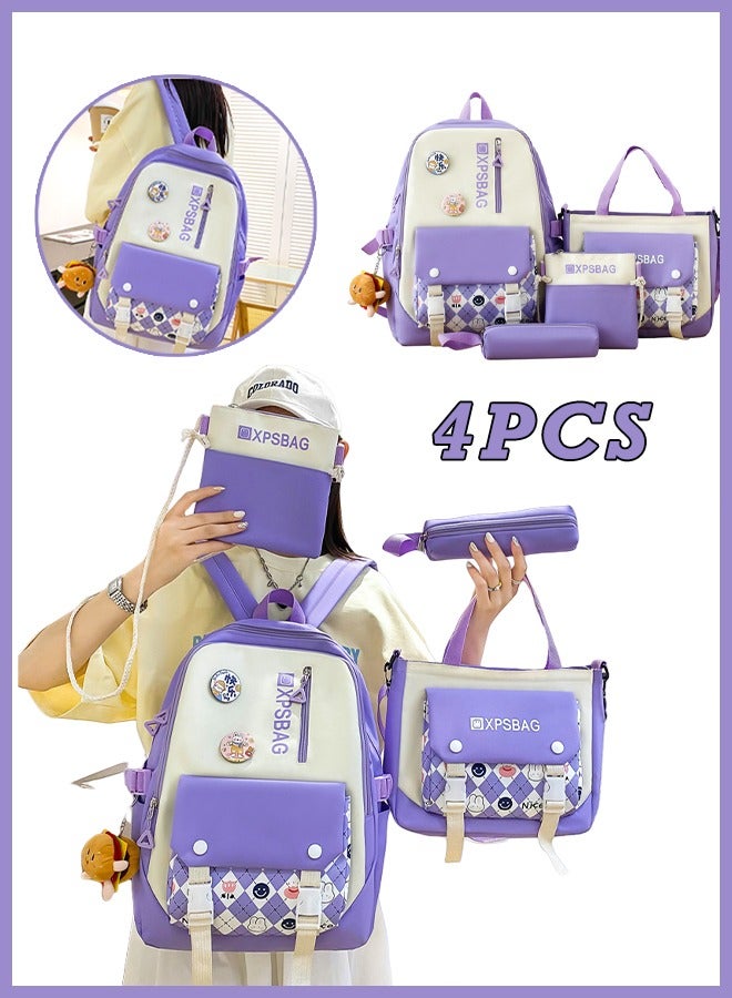 4Pcs School Backpack, School Bags Set Backpacks with Pendant Lunch Bag, Pencil Case, Handbag for Teen Girls School Backpack Canvas Bag Adult Backpack Set (Purple)  - Image 1