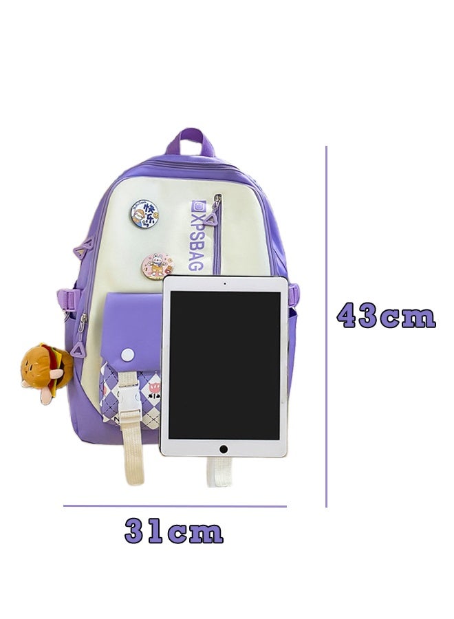 4Pcs School Backpack, School Bags Set Backpacks with Pendant Lunch Bag, Pencil Case, Handbag for Teen Girls School Backpack Canvas Bag Adult Backpack Set (Purple)  - Image 2