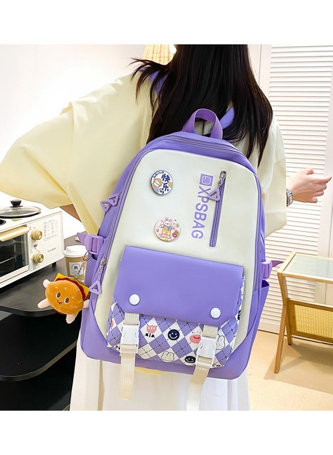 4Pcs School Backpack, School Bags Set Backpacks with Pendant Lunch Bag, Pencil Case, Handbag for Teen Girls School Backpack Canvas Bag Adult Backpack Set (Purple)  - Image 3