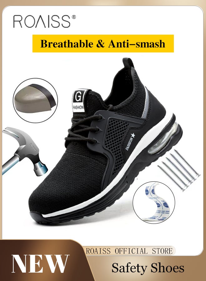 roaiss Men's Steel Toe Safety Shoes with Reflective Stripe, Puncture Proof Work Shoes, Stylish Sneakers for Men, Breathable Running Shoes with Soft Sole, Comfy Low Top Sports Shoes, Lightweight Shock Absorber Suitable for Construction, Industrial Sites, Manufacturing and Outdoor Activities, Black - Image 1