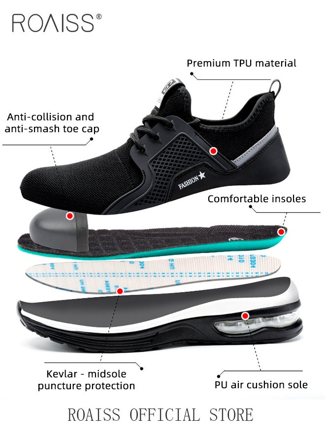 roaiss Men's Steel Toe Safety Shoes with Reflective Stripe, Puncture Proof Work Shoes, Stylish Sneakers for Men, Breathable Running Shoes with Soft Sole, Comfy Low Top Sports Shoes, Lightweight Shock Absorber Suitable for Construction, Industrial Sites, Manufacturing and Outdoor Activities, Black - Image 2