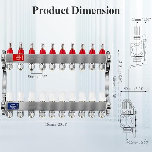 AB 10 Loops PEX Radiant Manifold, 1/2 Inch Compatible Outlets, Up to 1.4 GPM Flow Valve for Hydronic Radiant Floor Heating(1/2" Connectors Included) - Image 4