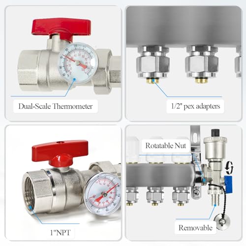 AB 10 Loops PEX Radiant Manifold, 1/2 Inch Compatible Outlets, Up to 1.4 GPM Flow Valve for Hydronic Radiant Floor Heating(1/2" Connectors Included) - Image 2