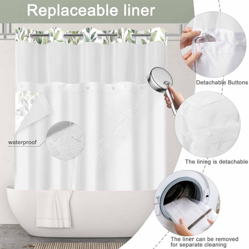 TWLSNCD No Hook Shower Curtain and Liner Set, Sage Green Eucalyptus Floral Shower Curtains for Bathroom, Bath Curtain Sets with Snap in Liner, Waterproof with See Through Top Window, 71x74 Inches - Image 4