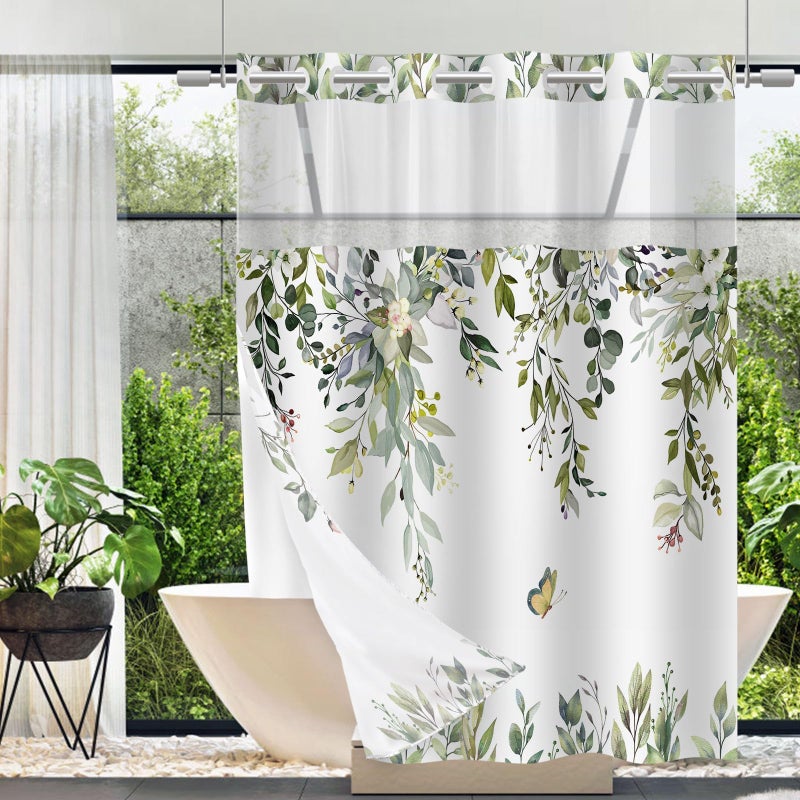 TWLSNCD No Hook Shower Curtain and Liner Set, Sage Green Eucalyptus Floral Shower Curtains for Bathroom, Bath Curtain Sets with Snap in Liner, Waterproof with See Through Top Window, 71x74 Inches - Image 1