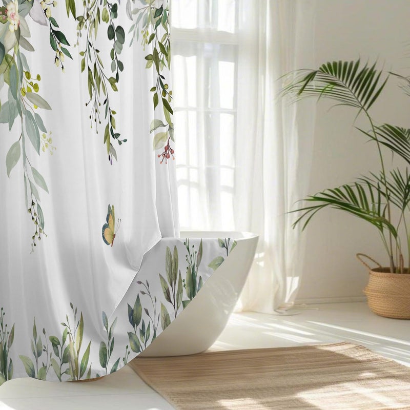 TWLSNCD No Hook Shower Curtain and Liner Set, Sage Green Eucalyptus Floral Shower Curtains for Bathroom, Bath Curtain Sets with Snap in Liner, Waterproof with See Through Top Window, 71x74 Inches - Image 2