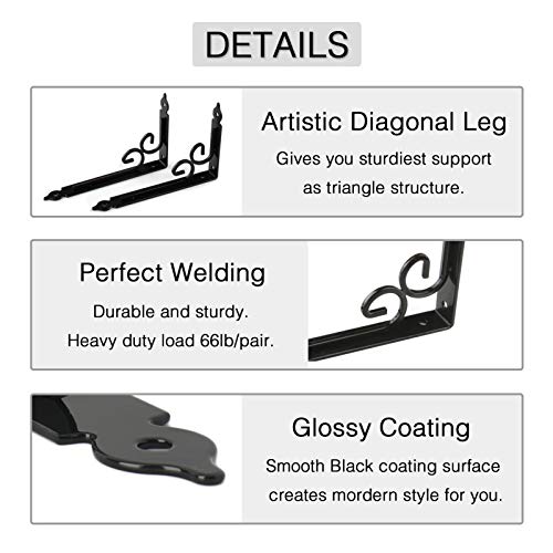 OVOV Shelf Brackets 4 Pcs Heavy Duty Decorative 10 Inch Black Right Angle Shelving Brackets Wall Mounted Shelf Supports for DIY Home Kitchen Living Room - Image 3