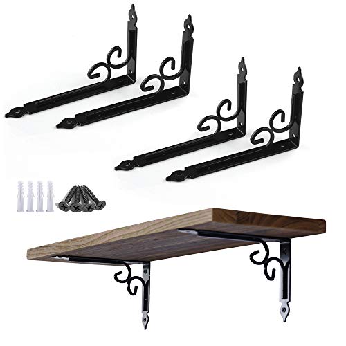 OVOV Shelf Brackets 4 Pcs Heavy Duty Decorative 10 Inch Black Right Angle Shelving Brackets Wall Mounted Shelf Supports for DIY Home Kitchen Living Room - Image 1