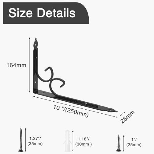 OVOV Shelf Brackets 4 Pcs Heavy Duty Decorative 10 Inch Black Right Angle Shelving Brackets Wall Mounted Shelf Supports for DIY Home Kitchen Living Room - Image 2